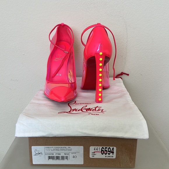 Christian Louboutin hot pink iridescent pump with neon yellow studs. - Picture 4 of 13